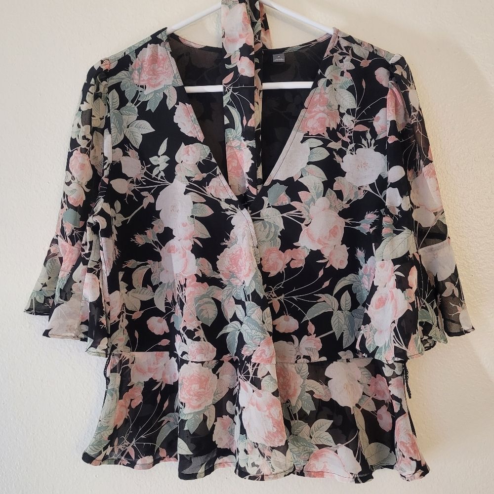 soho jeans peach floral peplum wrap rose blouse